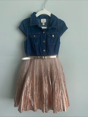 Pink & Violet Girls' Dark Blue Denim Rose Gold Pleated Skirt Dress w/belt
